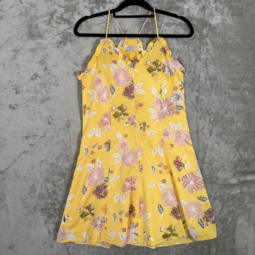 LOFT Dress Womens 0 Yellow Floral Sundress Spaghetti Strap Mini Ruffle